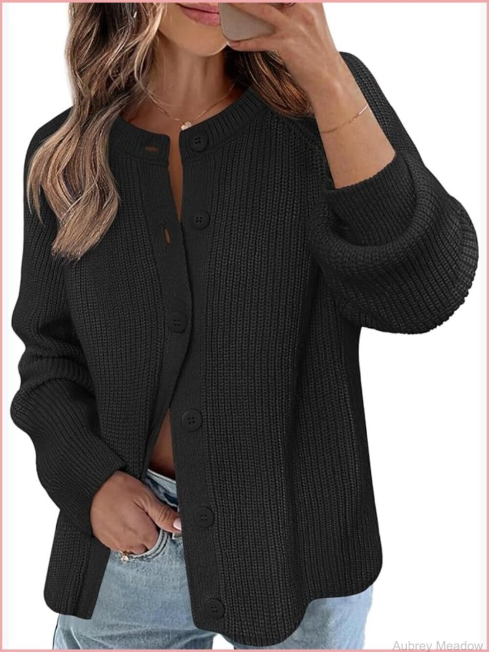 Chunky Knit Cardigan Sweater Button Front Long Sleeve Crew Neck
